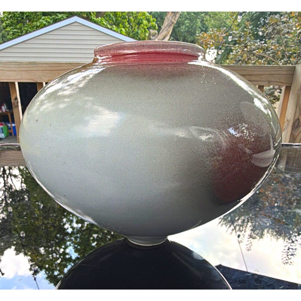 Catherine Hiersoux Signed Studio Art Pottery Vase Gray Red pedestal 8 in